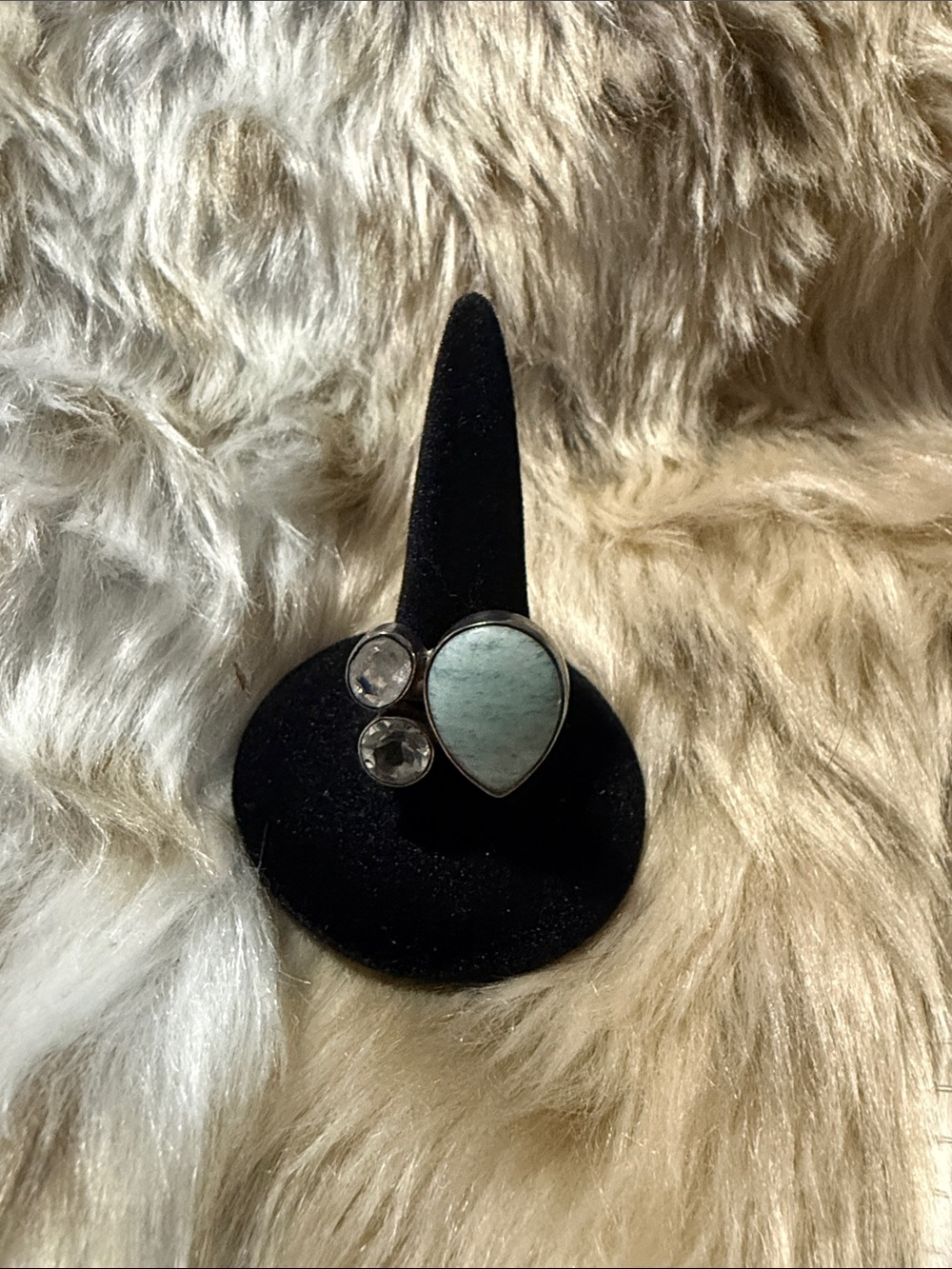 Light Blue Teardrop Statement Ring with Clear Accents Sterling Silver